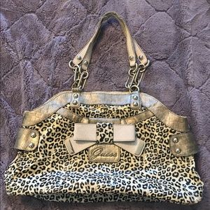 Guess Gold Cream Cheetah w/ Link Chain Handbag